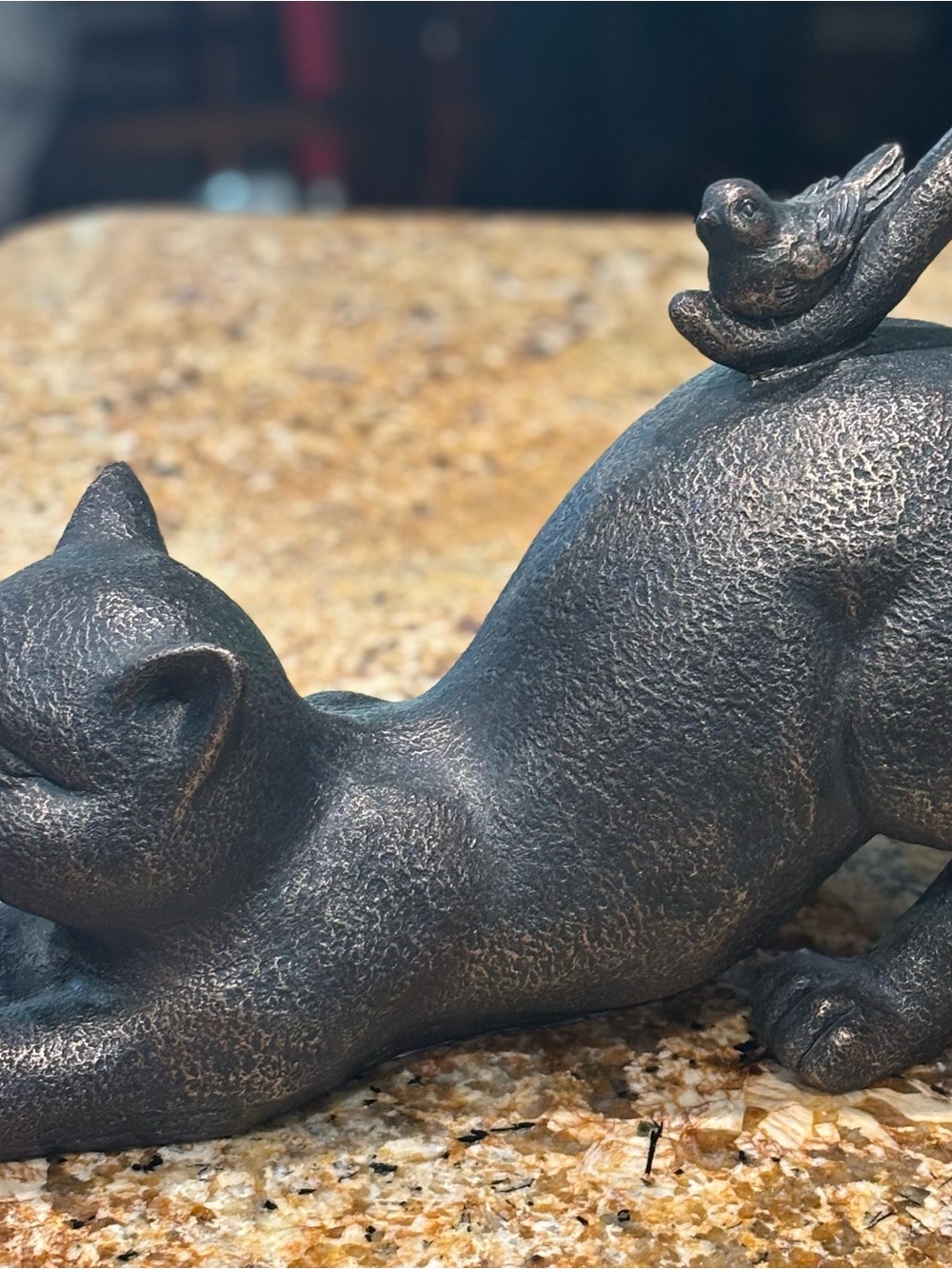 Decorative Stretching Cat Figurine with Bird Accent - Bronze Finish